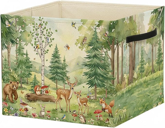 Forest Animal Nursery Storage Bin Box with Handles, Rustic Botanical Wild Animal Foldable Baskets Organizer for Kids Room Nursery Bathroom Clothes Toys Books, Toybox for Boys Girls