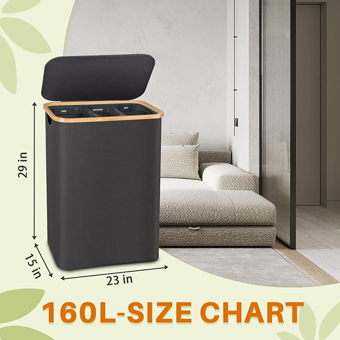 Laundry Hamper with Lid, 160L Dirty Clothes Hamper for Laundry Basket 3 Section, Extra Large Laundry Sorter Hamper 3 Compartment with Removable Inner Bags & Labels, Dark Grey