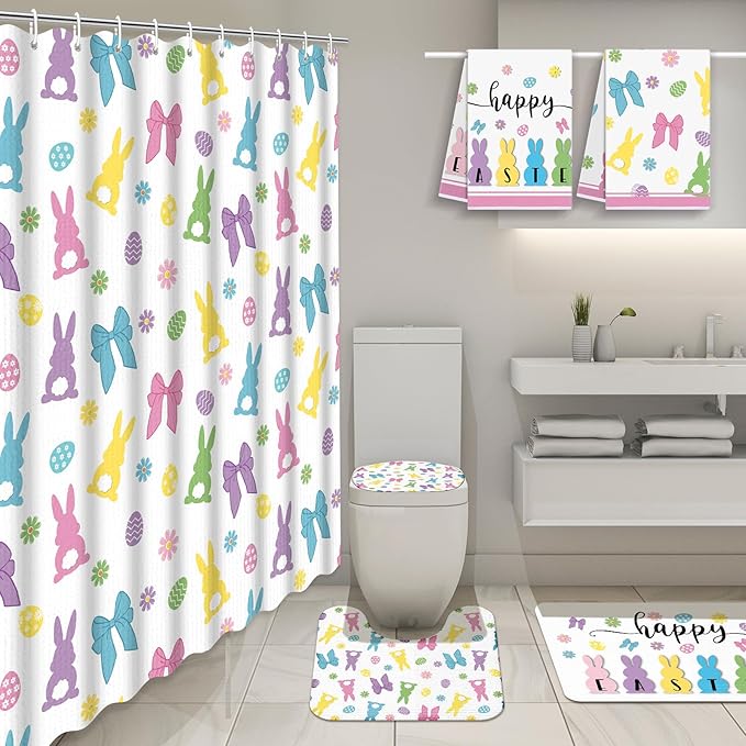 Nuanchu 6 Pcs Easter Shower Curtain Set with Rug Easter Bunny Bathroom Sets with Shower Curtain Bath Mat U Shaped Mat Toilet Lid Cover 2 Bath Towels and 12 Hooks Rabbit Bathroom Decor