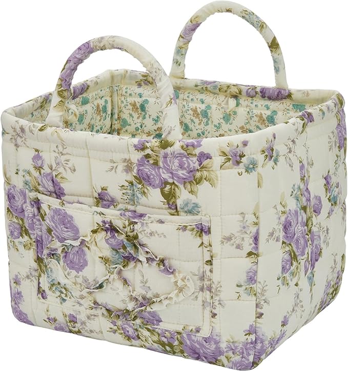 Quilted Laundry Basket with Handles, Aesthetic Collapsible Fabric Storage Basket for Clothes, Diapers & Toys - Multi-Purpose Boho Organizer Tote for Car, Home & Picnic (D)