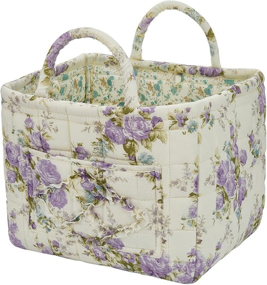 Quilted Laundry Basket with Handles, Aesthetic Collapsible Fabric Storage Basket for Clothes, Diapers & Toys - Multi-Purpose Boho Organizer Tote for Car, Home & Picnic (D)