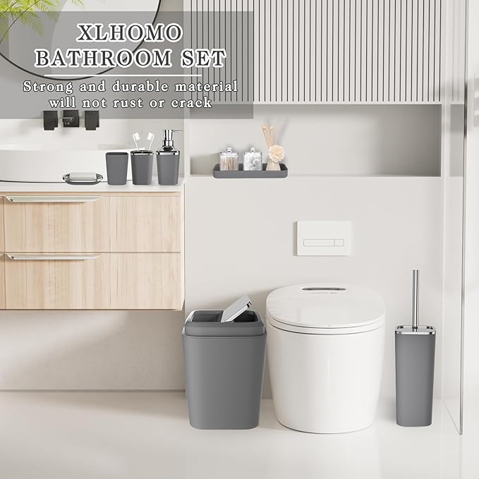 XLHOMO Grey Bathroom Accessories Sets Complete, 9-Piece Bathroom Accessories with Trash Can, Vanity Tray, Soap Dispenser, Soap Dish, Toothbrush Holder, Toothbrush Cup, Toilet Brush and Qtip Holders