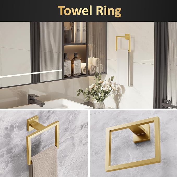 10-Pieces Bathroom Hardware Set,23.6inch Wall Mounted Double Towel Bar Set，Towel Rack&Toilet Paper Holder&Towel Ring and Towel Hook;Bathroom Accessories Set(Gold)