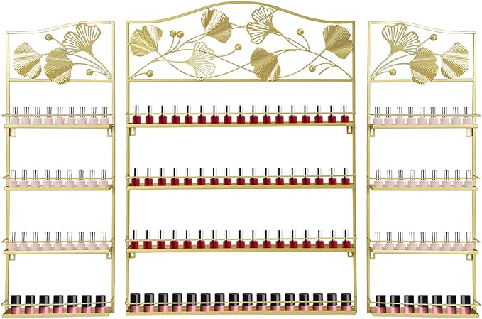 3PCS Metal Nail Polish Racks, Nail Polish Wall Organizer 4 Tiers Leafage Shape Display Rack Wall Mounted Display Case for Home Spa Nail Salon Shop- Gold