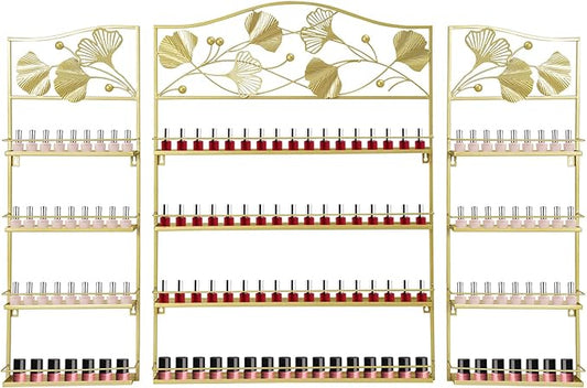 3PCS Metal Nail Polish Racks, Nail Polish Wall Organizer 4 Tiers Leafage Shape Display Rack Wall Mounted Display Case for Home Spa Nail Salon Shop- Gold