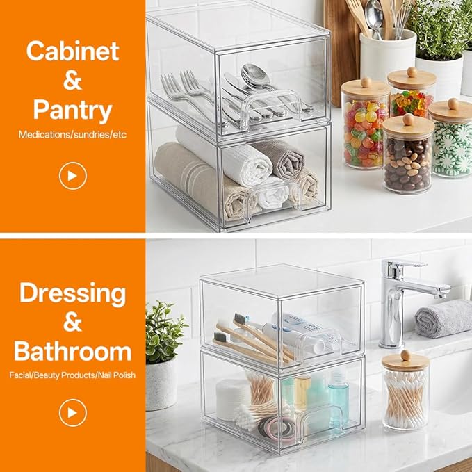 maytopia 6 Pack Clear Stackable Storage Drawers & Qtip Holder Dispenser with Bamboo Lids, Acrylic Drawer Containers Plastic Organizer Bins for Makeup, Bathroom, Cabinet, Undersink