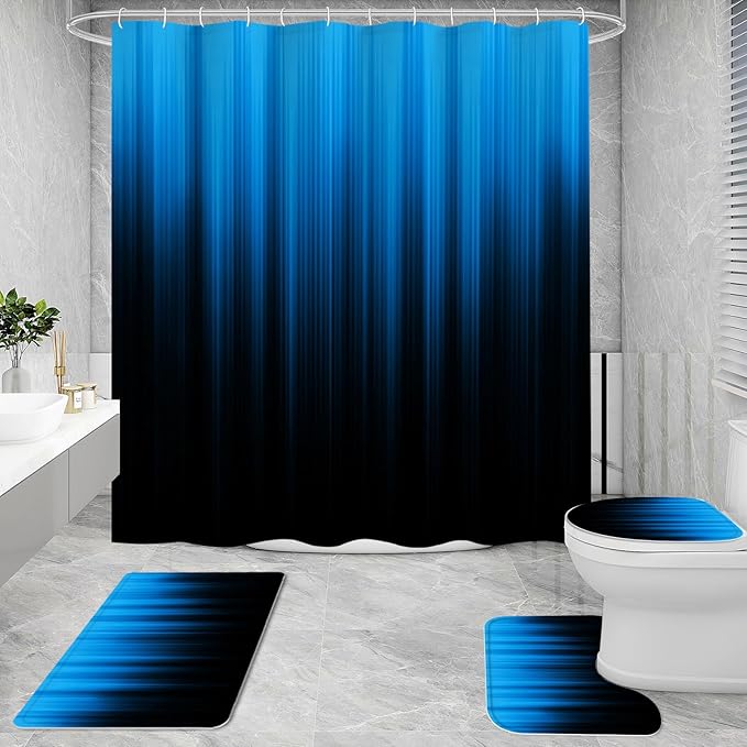 Litabel 4 Pcs Blue and Black Gradient Shower Curtain Set with Rugs and Toilet Lid Cover, Modern Simple Waterproof Fabric Bathroom Set, Ombre Stripe Gothic Abstract Bathroom Decor Set Accessories