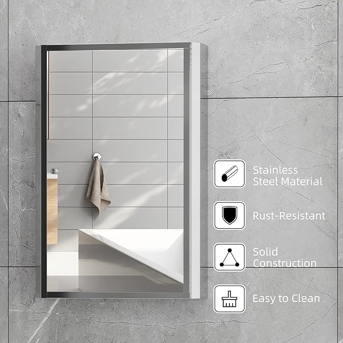 HOMCOM Bathroom Mirrored Cabinet, Vertical 16" x 24" Stainless Steel Frame Medicine Cabinet, Wall-Mounted Storage Organizer with Single Door