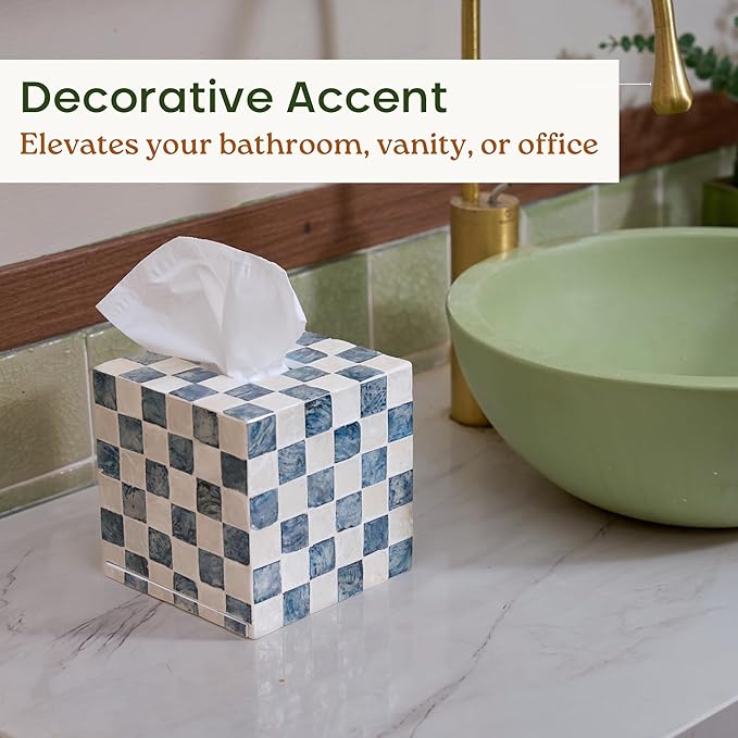 CHI AN HOME 5.7" Square Tissue Box Cover, Handmade Checkered Cube Tissue Box Cover with Capiz Shells, Decorative Tissue Holder for Living Room, Bathroom, Bedroom or Office (Navy Blue)