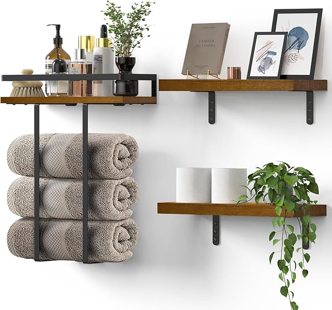 Towel Racks for Bathroom-Wall Mounted Floating Shelves for Wall Bathroom Bedroom Kitchen Living Room, Hanging Book Shelves Decor Bathroom Organizer, 16 inch Solid Wood, (Walnut-Like, Set of 3, 16in)
