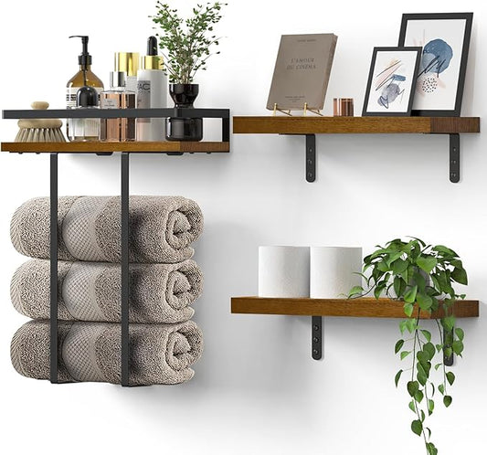 Towel Racks for Bathroom-Wall Mounted Floating Shelves for Wall Bathroom Bedroom Kitchen Living Room, Hanging Book Shelves Decor Bathroom Organizer, 16 inch Solid Wood, (Walnut-Like, Set of 3, 16in)