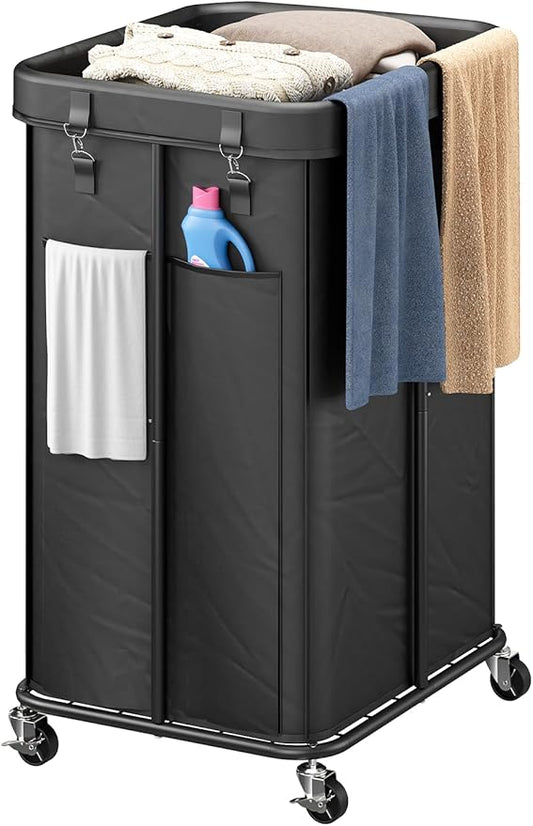 Laundry Hamper with Wheels, Rolling Laundry Basket with Metal Frame and Removable Bag, Double Laundry Hamper 2 Section, Large & Tall Dirty Clothes Hampers for Bedroom Aesthetic, Laundry Room, Bathroom