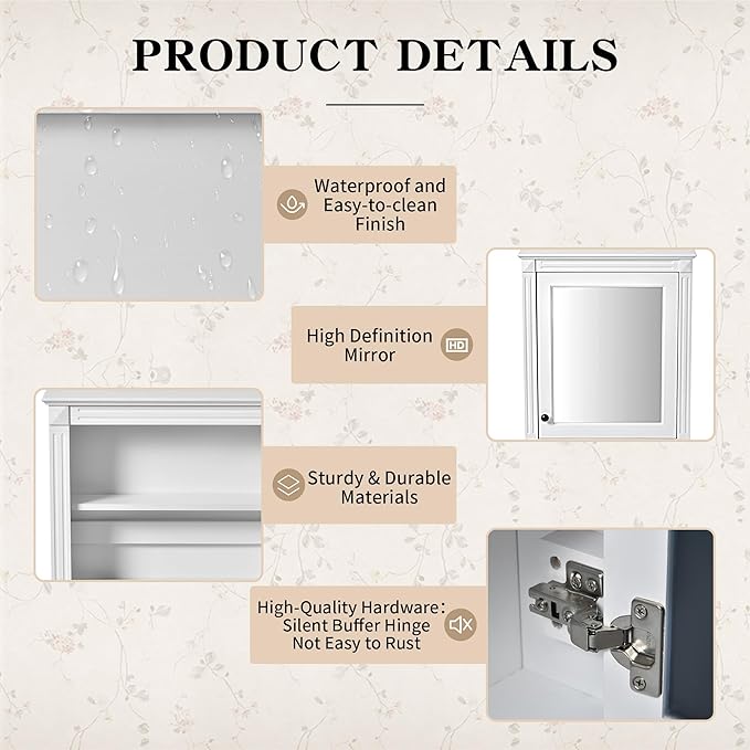 24'' x 27'' Wall Mounted Bathroom Storage Cabinet with Mirror, Medicine Cabinet with Height Adjustable Shelf, Over The Toilet Space