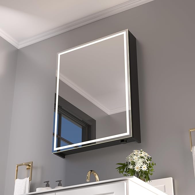 32x24 inch LED Lighted Medicine Cabinet with Mirror, Moisture-Resistant Wood, Stepless Dimmable, 3000K/5500K, Defogger, Adjustable Shelf, Flat-Pack Design – Assembly Required, Black