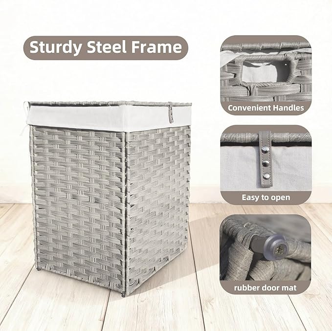 Wicker Laundry Hamper with Lid,130L (34Gal) Foldable Laundry Basket with Removable,Machine Washable 2-Section Liner and Handles,Gray Rattan Hamper for Organization and Storage