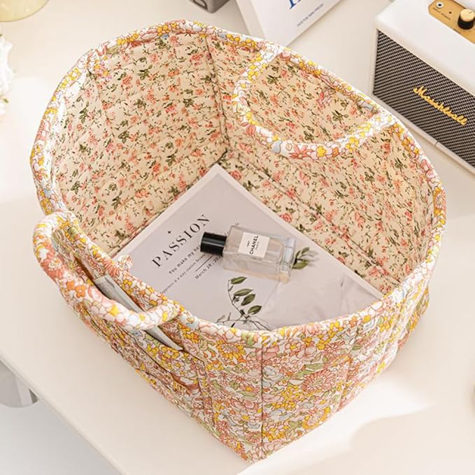 Quilted Fabric Storage Basket Boho Floral Laundry Hamper with Handle Foldable Floral Basket Organizer for Car Bedroom