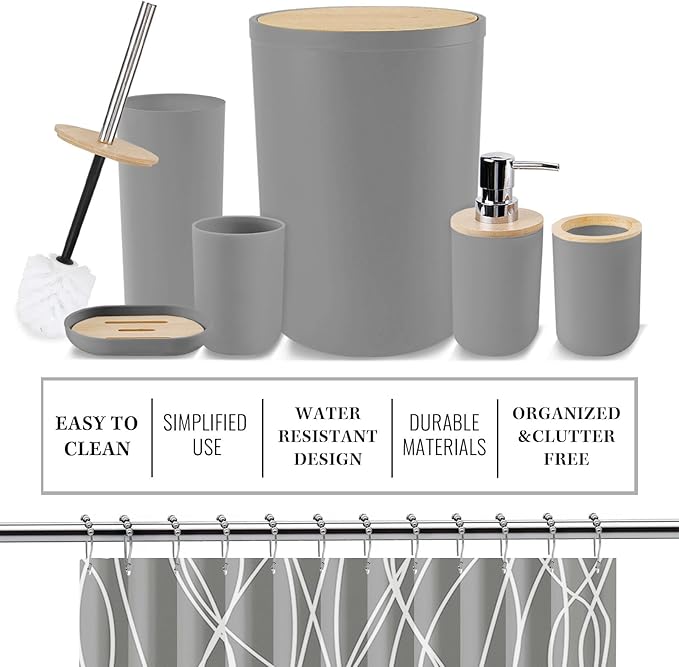 Britimes Bathroom Accessories Set, 19PC Grey Shower Curtain Set with Trash Can, Soap Dispenser, Toilet Brush Holder, Toothbrush Holder and Toothbrush Cup for Bathroom Decor