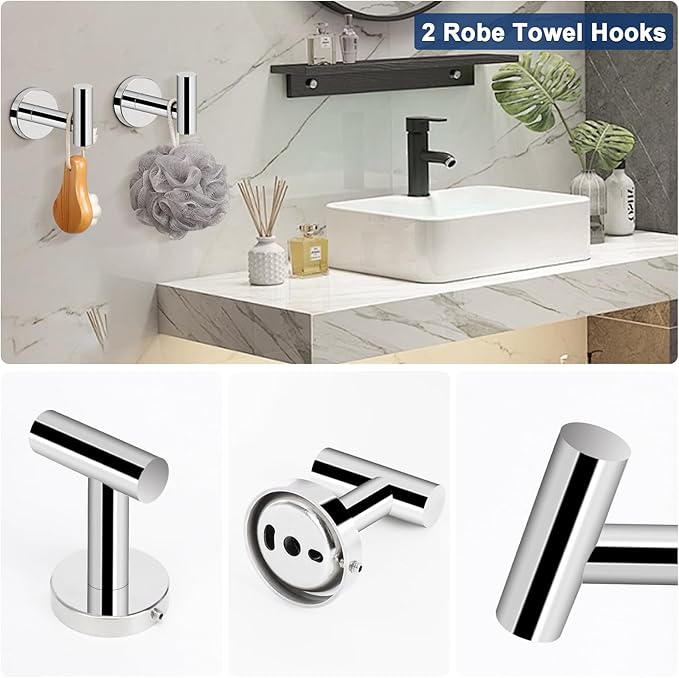 NearMoon 5 Pieces Bathroom Hardware Set SUS304 Thicken Stainless Steel-Towel Rack Kit Include 24" Towel Rod + Bath Towel Ring + Toilet Paper Holder + Robe Towel Hooks Bath Accessories (Chrome Finish)