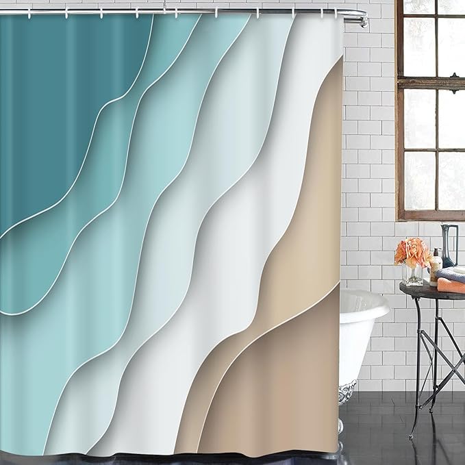 ArtSocket 3 Pcs Shower Curtain Set with Rugs, Abstract Summer Beach Bathroom Set with Non-Slip Rug Bath Mat and 12 Hooks 72x72 inches