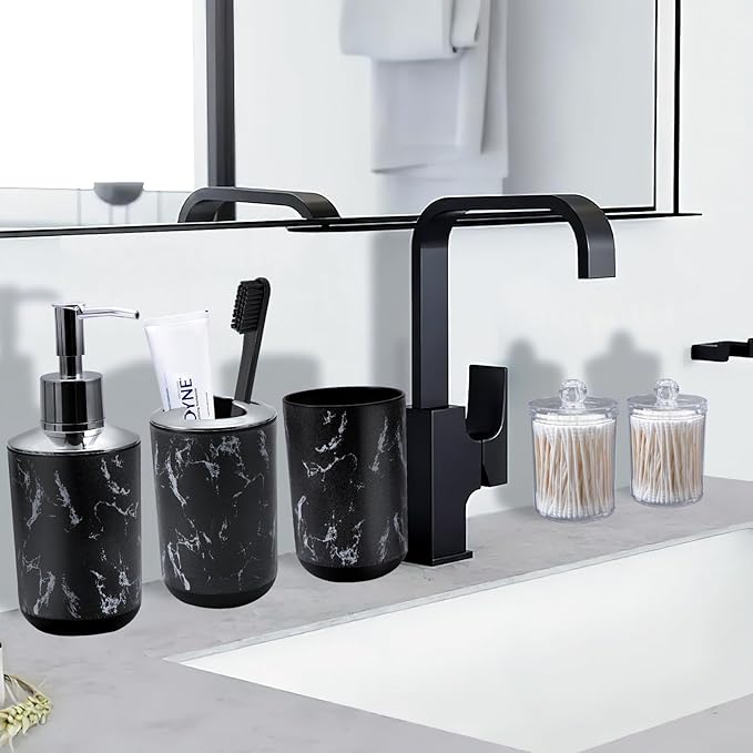XLHOMO Black Marble Bathroom Accessories Set, Black Bathroom Set with Trash Can, Vanity Tray, Soap Dispenser, Soap Dish, Toothbrush Holder, Toothbrush Cup, Toilet Brush and Qtip Holders for Bathroom