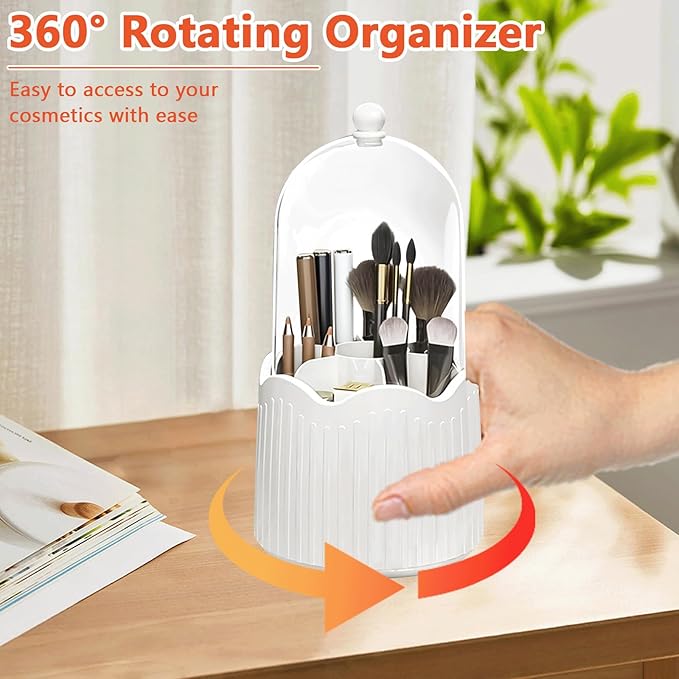 Makeup Brush Holder, 360° Rotating Makeup Organizers with Lid, Dustproof Waterproof Make Up Brush Holder Bag for Vanity Desktop Bathroom Countertop (White)