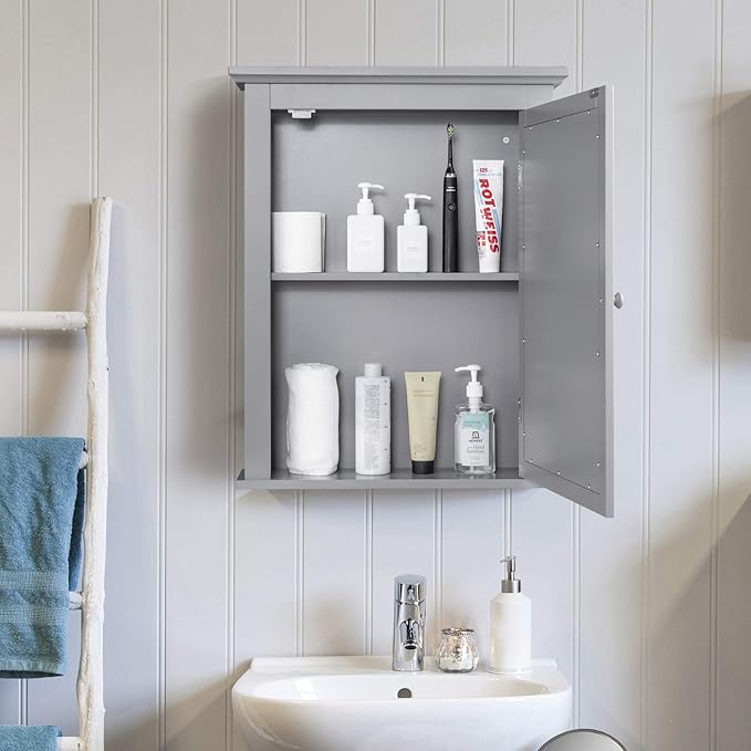 Tangkula Bathroom Cabinet with Mirror, Mirrored Wall-Mounted Storage Medicine Cabinet w/Single Door & Adjustable Shelf in 5 Positions, Multipurpose Wall Cabinet for Bathroom (Gray)