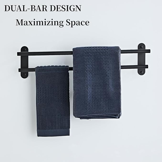 Towel Rack for Bathroom, Double Towel Bar 24 Inch Wall Mounted, Matte Black Stainless Steel Bathroom Towel Holder(Total Length 26-Inch)