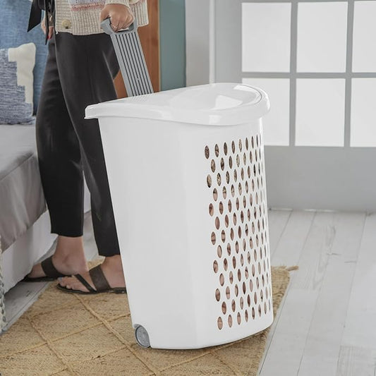 Plastic Laundry Hamper, Adult-Sized White Clothes Basket with Wheels, Large White Plastic Clothes Basket for Home, Dorm or Laundry Room