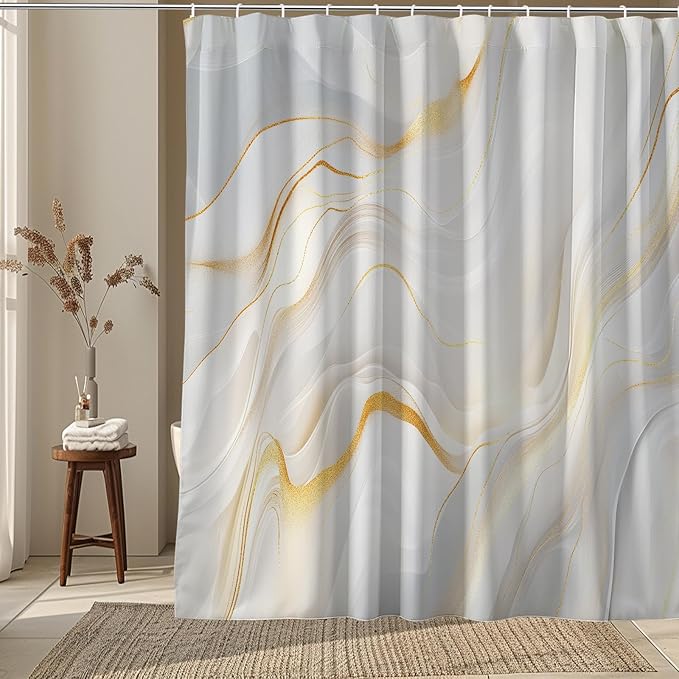 Marble Shower Curtain Abstract Elegant Golden White Wavy Textures,Luxury Soft Color Fabric Shower Curtains for Bathroom Decor 72x72 Inch
