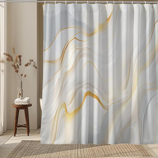 Marble Shower Curtain Abstract Elegant Golden White Wavy Textures,Luxury Soft Color Fabric Shower Curtains for Bathroom Decor 72x72 Inch