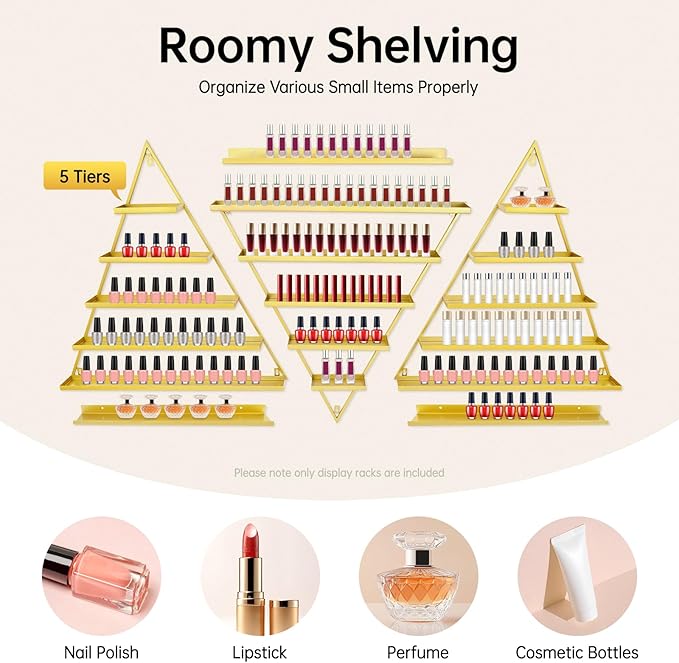 Wall-Mounted Nail Polish Rack, Set of 6 Triangular Gold Nail Polish Shelf Lipstick Perfume Cosmetic Display Shelf for Home Spa Nail Salon Shop