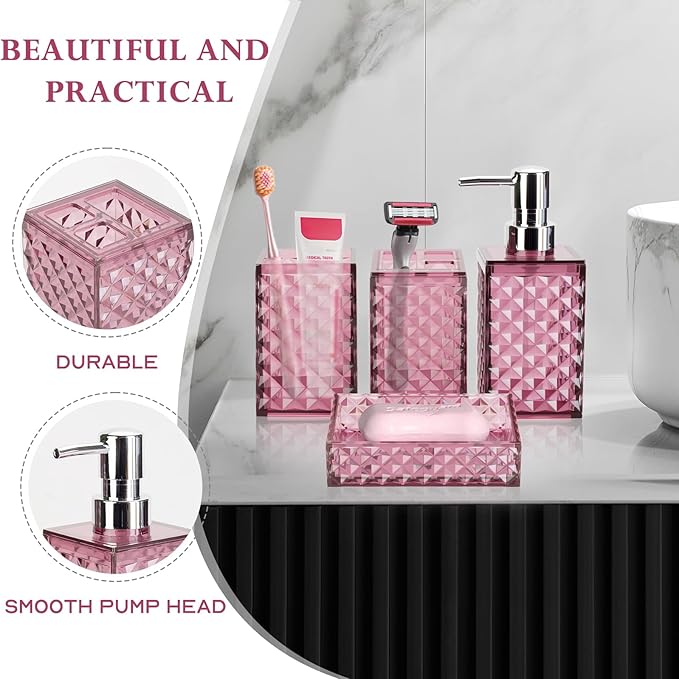 Bathroom Accessory Set, Grid Pattern 4 Pcs Plastic Bathroom Set Include Soap Dispenser, Soap Dish, Toothbrush Holder, Mousewash Cup, Modern Bahtroom D??cor Set(Burgundy)