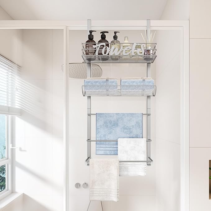 SWTYMIKI Over The Door Towel Racks for Bathroom - 5-Tier Wall Mounted Bathroom Towel Storage Organizer Holder with Metal Shelf, Sliver