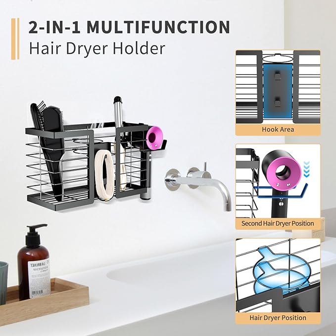 FUNKYLEE Hair Tool Organizer, 3 in 1 Metal Hair Dryer Holder Wall Mounted for Flat Iron, Curling Iron, Straightener, Styling Tools Bathroom Storage and Organizer (Black)