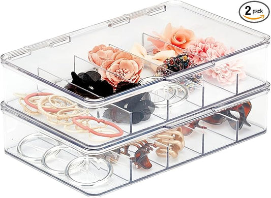 mDesign Plastic Divided Stackable Hair, Makeup & Jewelry Organizer Box with Hinge Lid for Bathroom Vanity Countertop - 5 Sections - Stores Hair Clips, Barrettes - Ligne Collection - 2 Pack - Clear