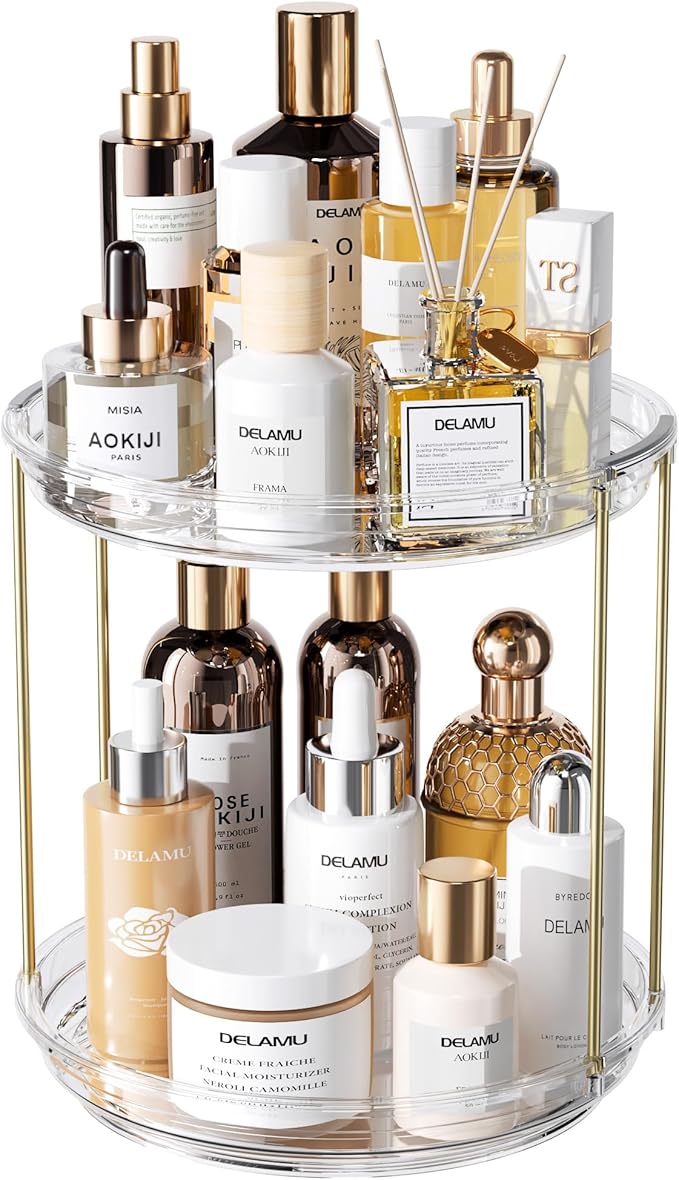 Delamu Rotating Makeup Organizer for Vanity, 2 Tier Skincare Organizer for Bathroom Counter, Spinning Perfume Organizer Cosmetic Holder with Large Capacity, Clear