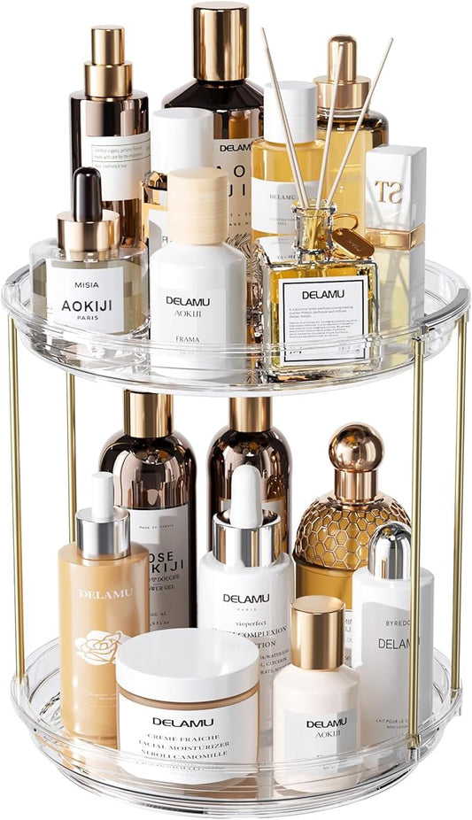 Delamu Rotating Makeup Organizer for Vanity, 2 Tier Skincare Organizer for Bathroom Counter, Spinning Perfume Organizer Cosmetic Holder with Large Capacity, Clear