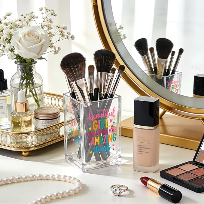 Beautiful Girl You Can Do Amazing Things Acrylic Cosmetic Pencil Pen Holder, Vanity Accessories Makeup Organizer for Daughter Sister, Encouragement Gifts for Makeup Lover, Make Up Brush Holder