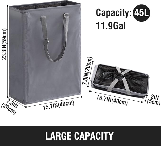 Slim Laundry Hamper with Adjustable Long Handles, 45L Small Laundry Baskets with Mesh Top, Narrow Dirty Clothes Hamper for Bedroom, Closet, and Bathroom - Grey, 2 Packs