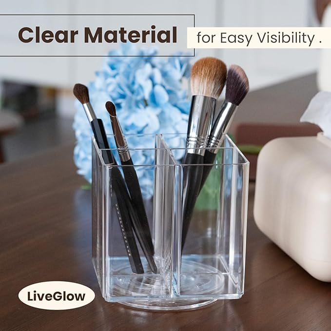 Clear Makeup Brush Holder,Acrylic Rotating 360??Makeup Brush Organizer,Pen holder with 4 Grids,Makeup Holder for Courtup,Containers for Desk,1pc