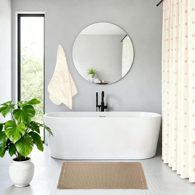 5 Pcs Boho Farmhouse Bathroom Shower Curtain Set Non Slip Waterproof Neutral Shower Curtain with Towel Cream, Waffle Bath Mat 12 Hooks for Bathroom Decoration, 71 x 71 Inch