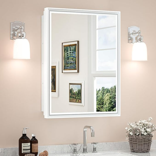 TETOTE White Medicine Cabinet Mirror 21" x 27" Aluminum Framed Surface or Recessed Wall-Mounted Bathroom Medicine Cabinets Beveled Mirror with Storage for Modern Farmhouse Bathroom