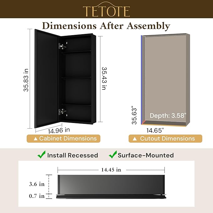 TETOTE 15 x 36 Bathroom Mirror with Storage with Tempered Beveled MirrorBlackMedicine Cabinet Aluminum Cabinet DTC Hinges, Stepless Adjustable Shelves, Recessed/Surface-Mounted