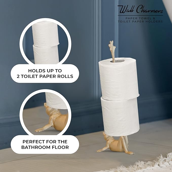 WallCharmers Gold Paper Towel Holder, Metal Toilet or Kitchen Paper Holder for Floor or Countertop, Gold Frog