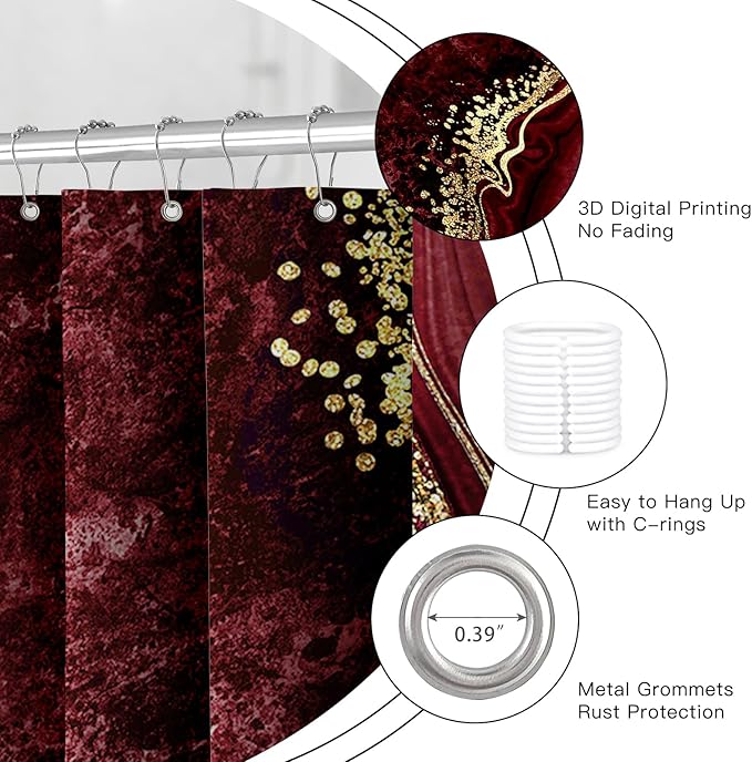 4PCS Burgundy Red Marble Bathroom Sets with Shower Curtain and Rugs, Abstract Gold Shower Curtain Sets with Rugs, Bathroom Curtains Shower Set with Toilet Lid Cover Accessories