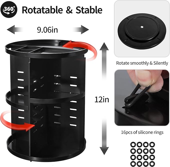 seinlife 360 Rotating Makeup Organizer,DIY Adjustable Spinning Holder,Foldable Cosmetic Storage Display box,Large Capacity Make up Caddy Shelf,Fits Countertop Vanity and Bathroom (BLACK)