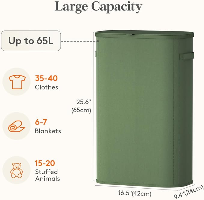 Lifewit 65L Slim Laundry Basket with Lid, Narrow Large Laundry Hamper with Plastic Handles and Removable Bag, Tall Foldable Dirty Clothes Hampers for Laundry Room, Bedroom, Bathroom, Dorm, Green