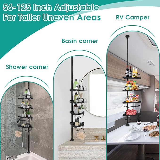 Lilyvane Corner Shower Caddy: Rustproof 125" Tension Inside Shower Organizer, Adjustable Bathroom Organizer Shelves for Bathtub Shampoo Conditioner Storage, Floor to Ceiling Standing Caddy