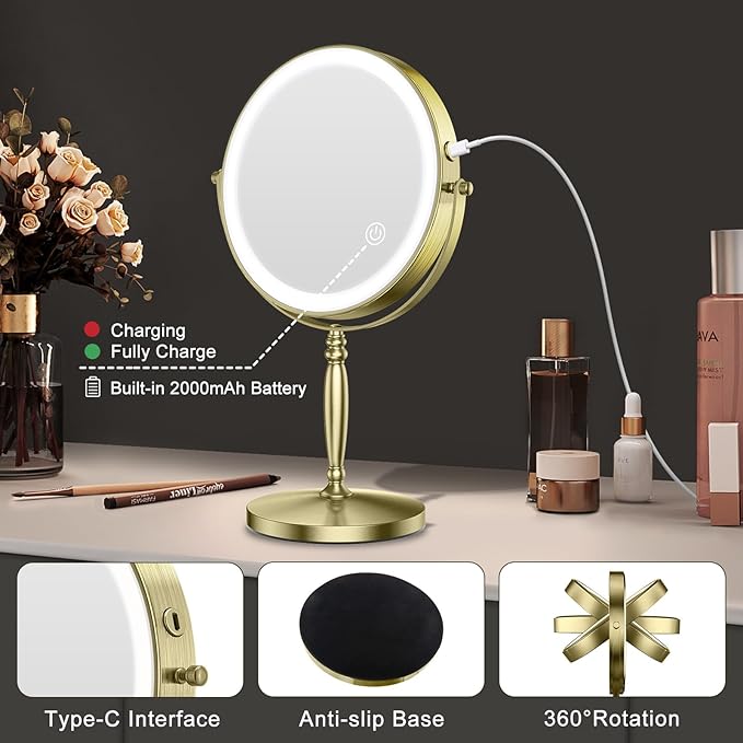 Matekxy 8" Lighted Makeup Mirror with Magnification - 1X/10X Magnifying Desk Mirror with Rechargeable LED Lights, 3 Colors Dimmable Tabletop Mirror, Brass Gold