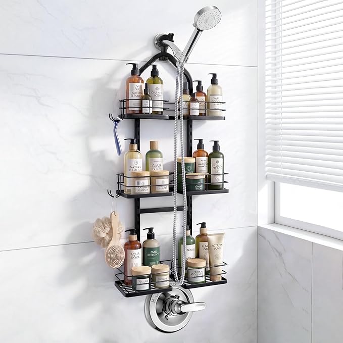 Adjustable Hanging Shower Caddy for Handheld Showerhead, 3-Tier Rustproof Shower Rack Baskets, Anti-Swing Hanging Shower Organizer for Bathroom Storage with 2 S-Hooks, Large Capacity, Black